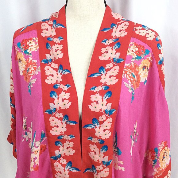 Mahila Kimono Cardigan OS Floral Pink Red Open Front Flowy Modal - Picture 5 of 10